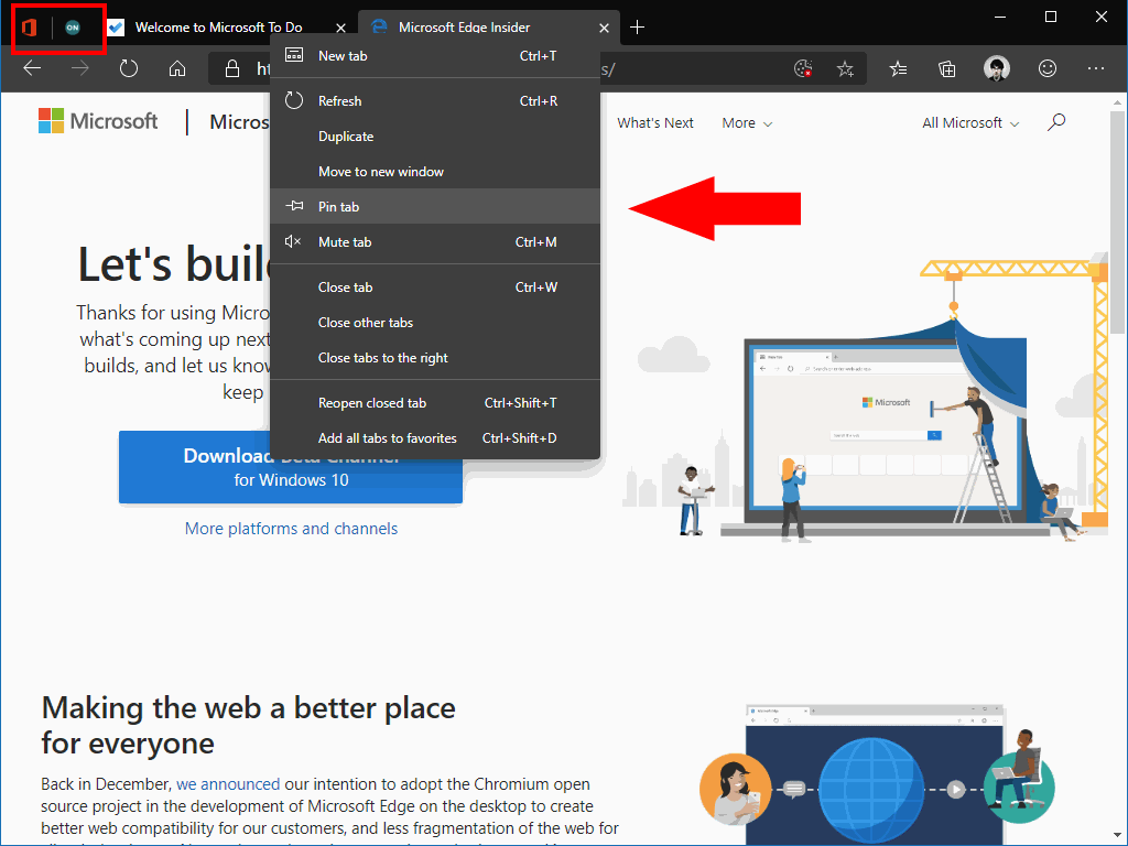 علامات التبويب المثبتة في Microsoft Edge Insider