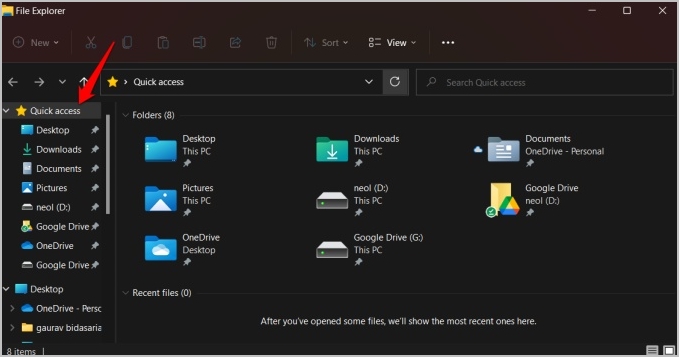 Greitos prieigos meniu „Windows 11 File Explorer“.