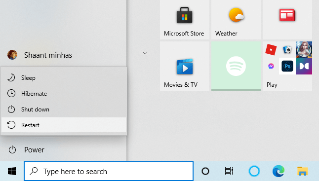 Reinicie Windows 10 desde el menú de inicio