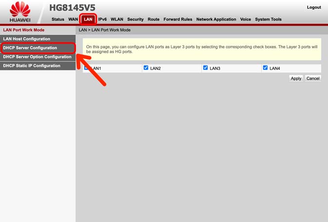 DHCP Server Settings taħt LAN Settings