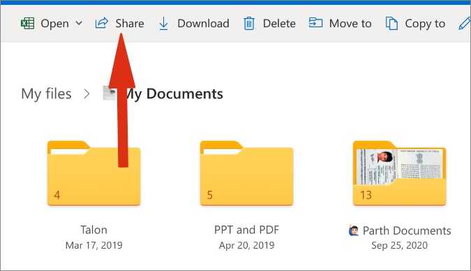 Опция обмена в Интернете Onedrive