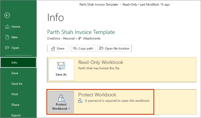 Protexa o libro de traballo en excel en Windows