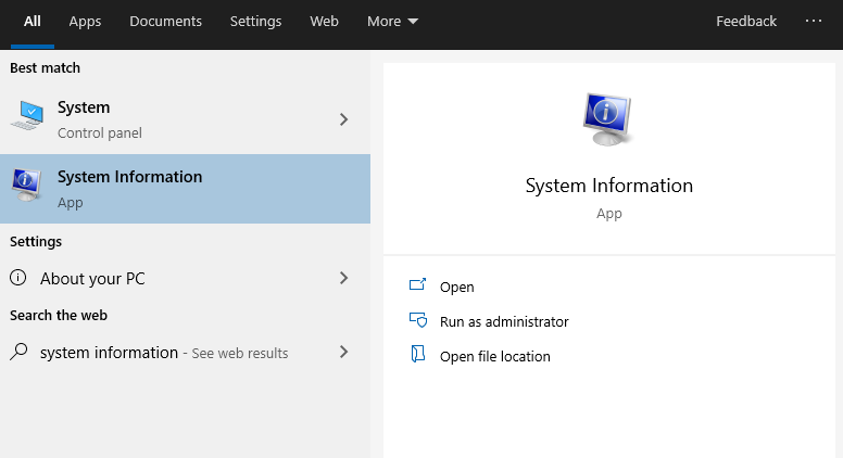 معلومات النظام في Windows 10