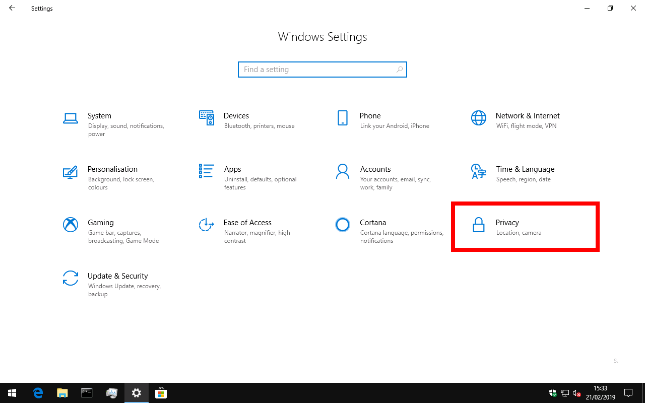 فئة إعدادات خصوصية Windows 10 في الصفحة الرئيسية لتطبيق الإعدادات