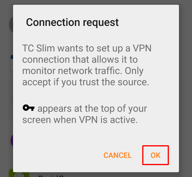 انقر على "موافق" للسماح لـ TrackerControl بإعداد VPN الخاص به