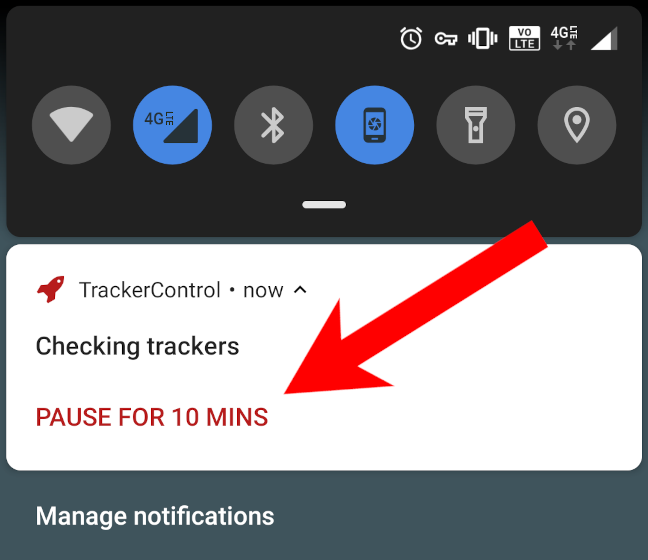 انقر على "إيقاف مؤقت لمدة 10 دقائق" في إشعار TrackerControl