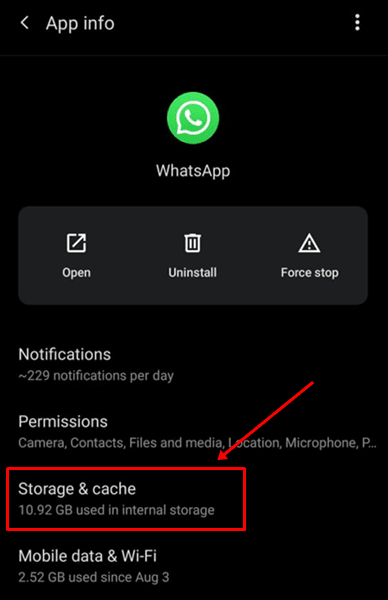 WhatsApp-opslag en cache