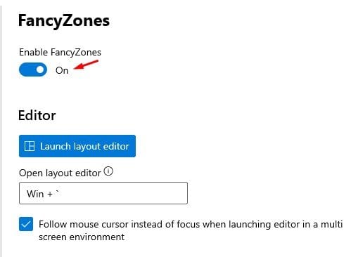قم بتشغيل ميزة "Enable Fancy Zone"
