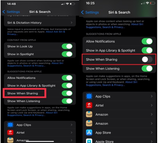 كيفية تعطيل صف جهات الاتصال المقترحة في ورقة مشاركة جهاز iPhone 4