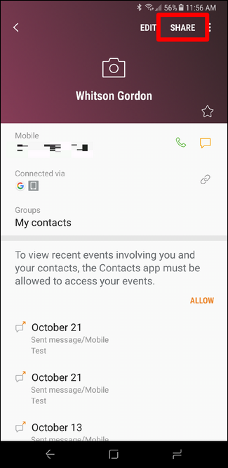 كيفية مشاركة جهة اتصال عبر رسالة نصية على Android 5