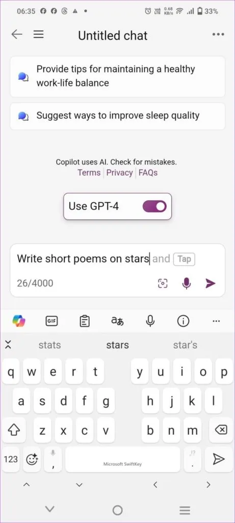 Mokhoa oa ho nka linepe tsa moqoqo oa Microsoft Edge Copilot ho Android le iOS 3