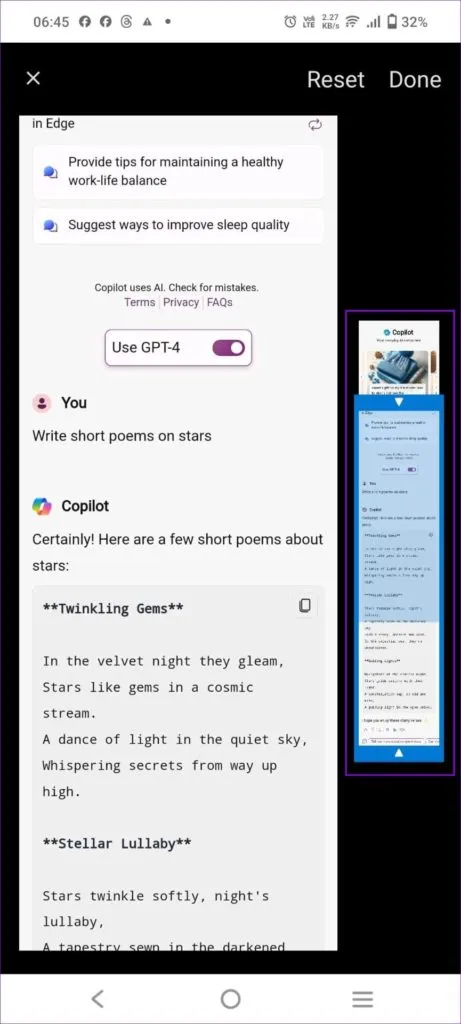 Mokhoa oa ho nka linepe tsa moqoqo oa Microsoft Edge Copilot ho Android le iOS 7